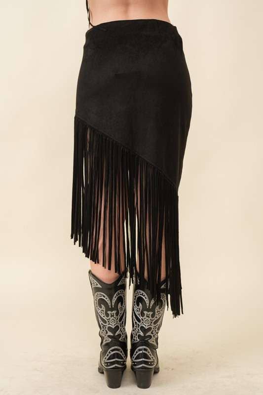 LAYLA Western Fringe Suede Midi Skirt black