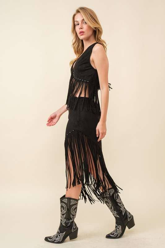 LAYLA Western Fringe Suede Midi Skirt black