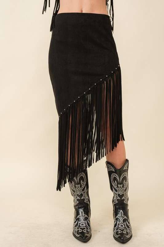 LAYLA Western Fringe Suede Midi Skirt black