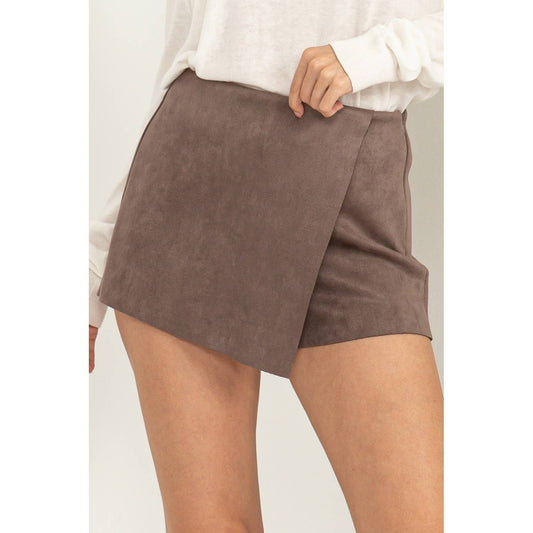 ARIA WRAP-EFFECT FAUX SUEDE SKORT MUSHROOM