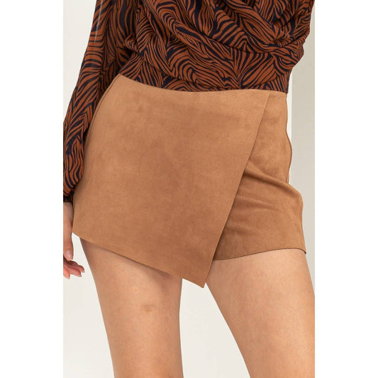 DELILAH  WRAP-EFFECT FAUX SUEDE SKORT CAMEL